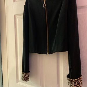 Joseph Ribkoff Black Bolero with Leopard Cuff Gold Zipper Size 4